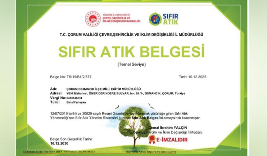 Osmancık MEM’e “Sıfır Atık Belgesi”