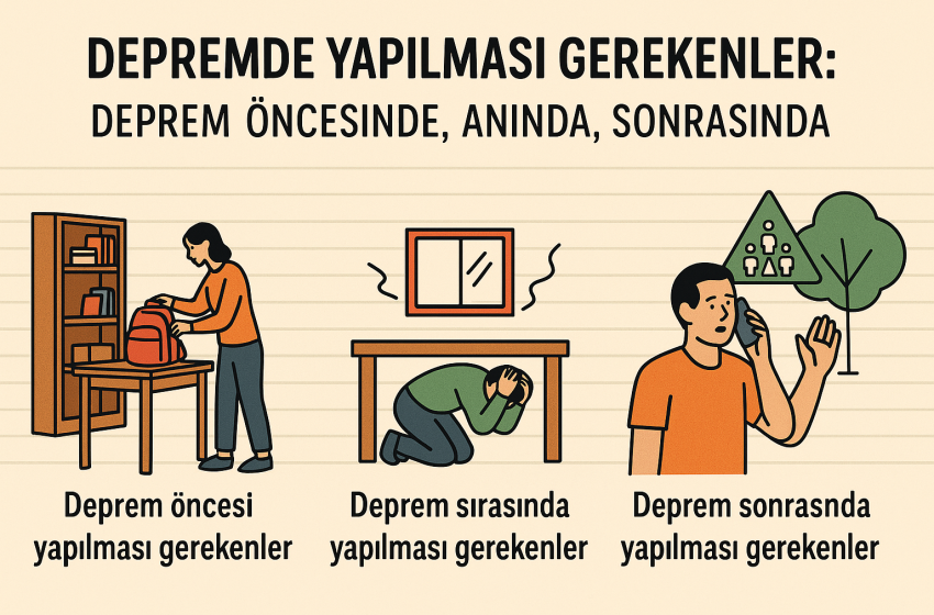 PANİK YAPMAYIN!
Deprem anında sakin kalmak en önemli kuraldır. Panik, yanlış hareketlere ve kazalara yol açabilir.
TELEFONU GEREKSİZ KULLANMAYIN
Hatların kilitlenmemesi için telefonlar yalnızca acil durum ve yangın bildirimi amacıyla kullanılmalıdır.
EŞYALARDAN UZAK DURUN
Sabitlenmemiş dolap, raf, pencere gibi eşyaların devrilme riski vardır. Bu alanlardan uzaklaşın.
HAYAT ÜÇGENİ OLUŞTURUN
Sağlam bir masa altına veya koltuk, kanepe, sandık gibi hacimli eşyaların yanına çömelin.
Başınızı iki elinizle koruyarak ÇÖK–KAPAN–TUTUN pozisyonunu alın.
ÇÖK–KAPAN–TUTUN!
Güvenli bir yerde diz üstü çökün, baş ve ensenizi koruyacak şekilde kapanın, sabit bir yere tutunun.
Kesinlikle merdiven ya da çıkışlara koşmayın.
BALKON VE PENCERELERDEN UZAK DURUN
Balkona çıkmak, pencereden atlamak hayati tehlike oluşturur. Güvenli bir noktada kalın.
ASANSÖR KULLANMAYIN
Deprem sırasında veya sonrasında asansörlere binmeyin. Kat arasında kalma riski çok yüksektir.