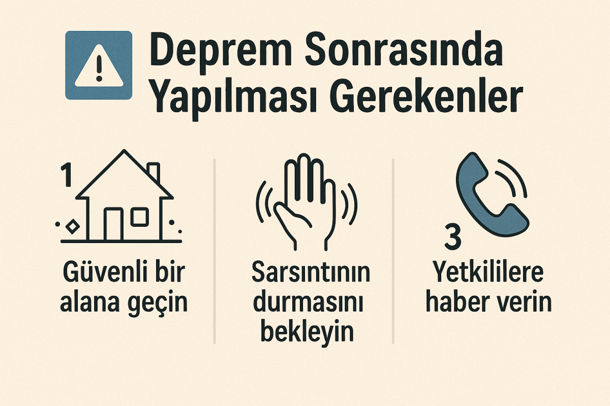 SARSINTI SONRASI ÖNLEMLER
Deprem durduktan sonra elektrik, gaz ve su vanalarını kapatın. Sobayı söndürün.
Daha sonra önceden belirlenmiş güvenli çıkış yolundan binayı terk edin.
OKUL VE BÜRODA NE YAPMALI?
Sınıfta veya ofisteyseniz sıra ya da masa altına çömelin.
Koridordaysanız duvarın yanına geçip hayat üçgeni oluşturun.
CAMLARDAN UZAK DURUN
Cam eşyalar kırılarak ciddi yaralanmalara neden olabilir.
Pencerelerden ve camlı dolaplardan uzak durun.
BİLGİYİ DOĞRU KAYNAKTAN ALIN
Deprem sonrası sosyal medya dezenformasyonlarına itibar etmeyin.
Yalnızca resmî kurumların açıklamalarını takip edin.