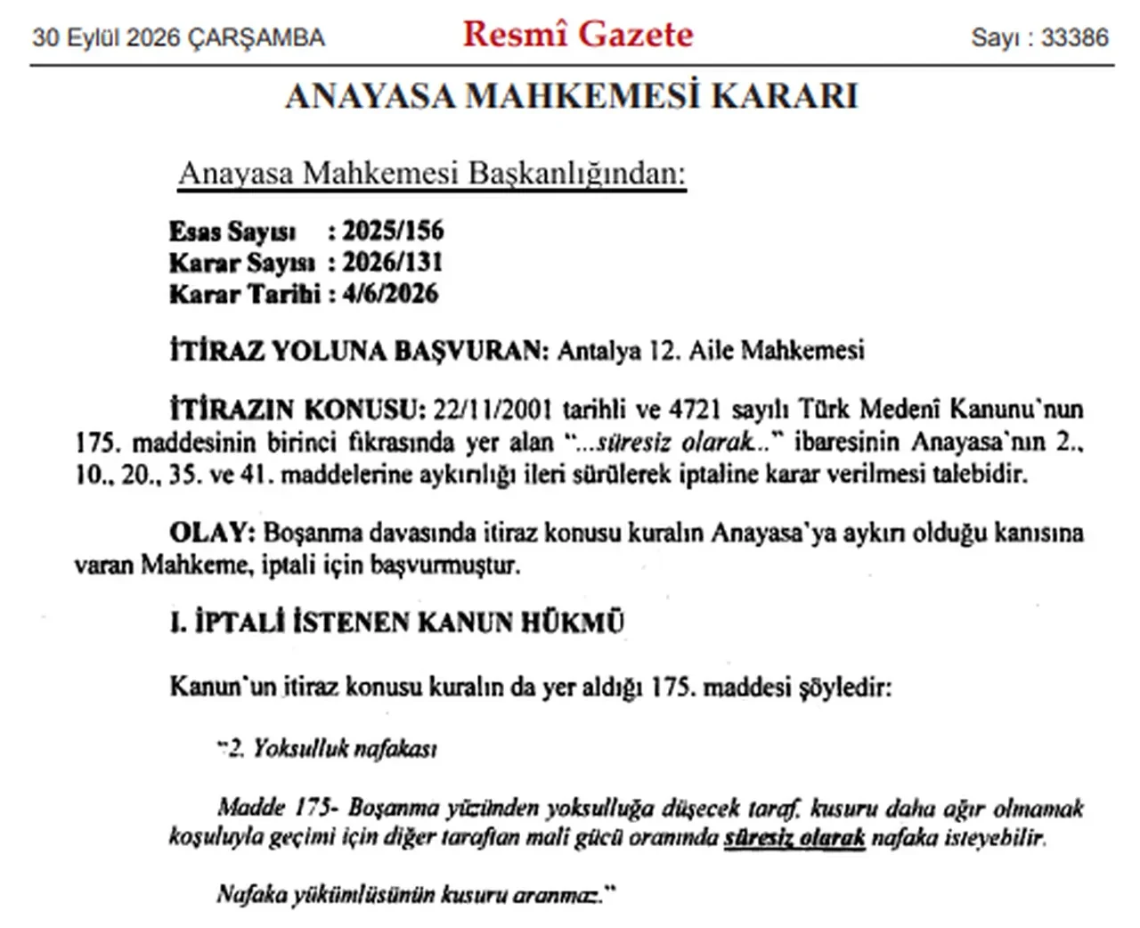 Suresiz Nafaka Iptal Edildi Aym Karari Resmi Gazetede 3362332 202609300248 2